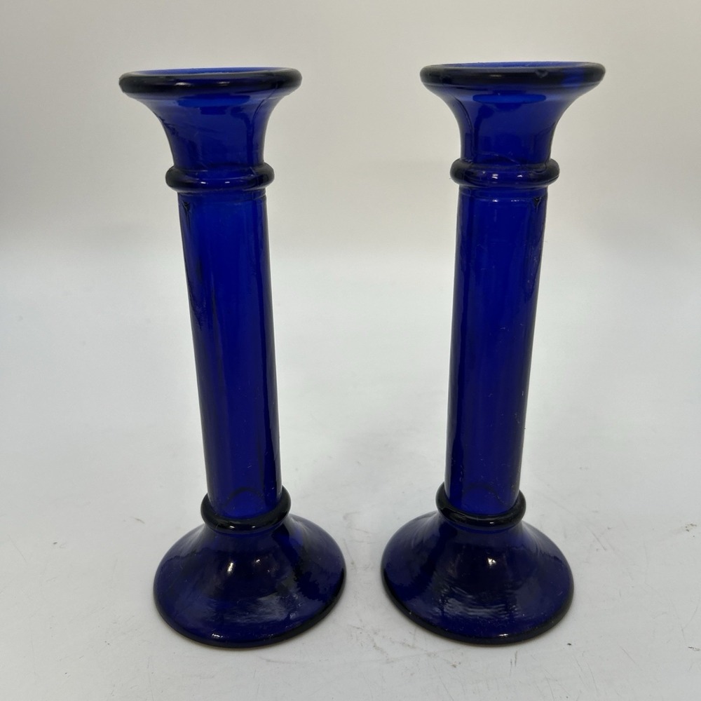 2 Candlesticks Vintage Cobalt Blue Glass